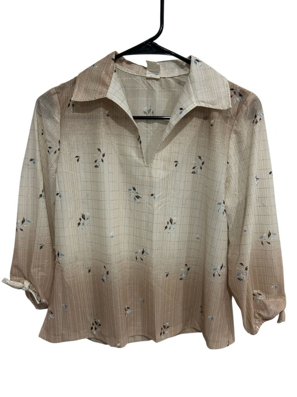 Small Beige Wide Collar Pullover Blouse Gold Grid 3/4 Sleeves Retro Vintage